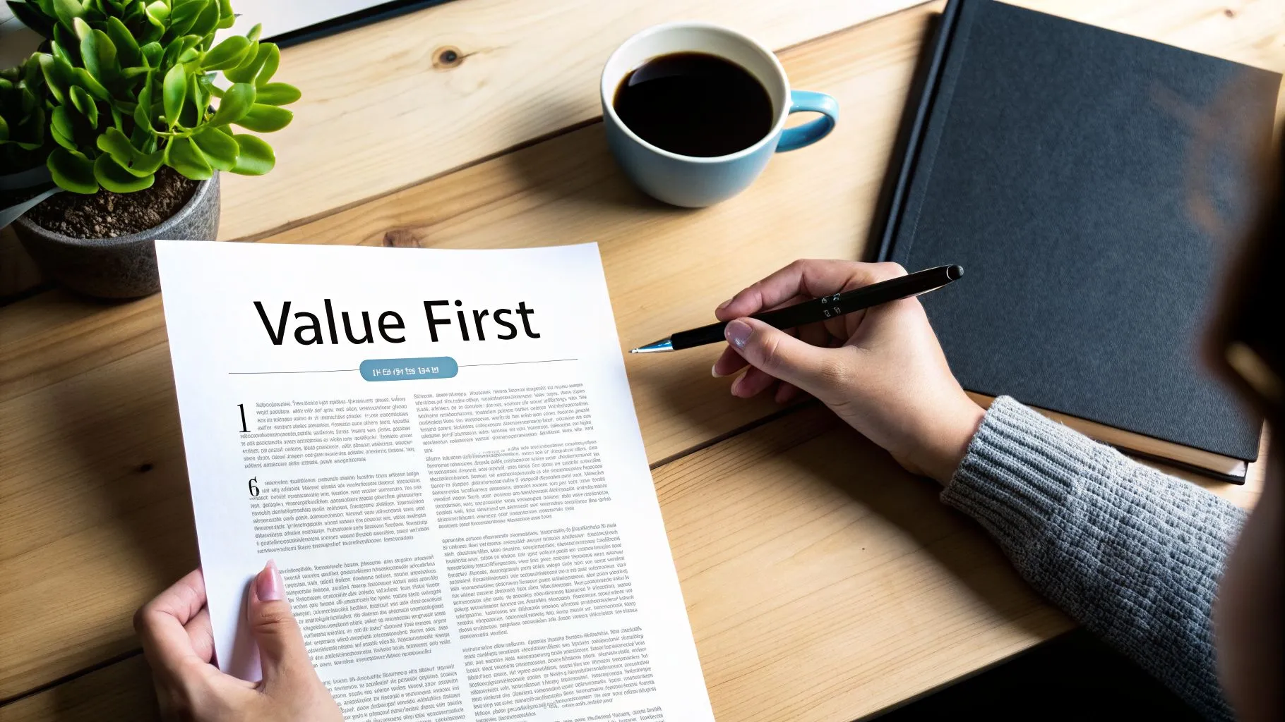 A person holds a document with "Value First" title and a pen on a wooden desk with coffee.