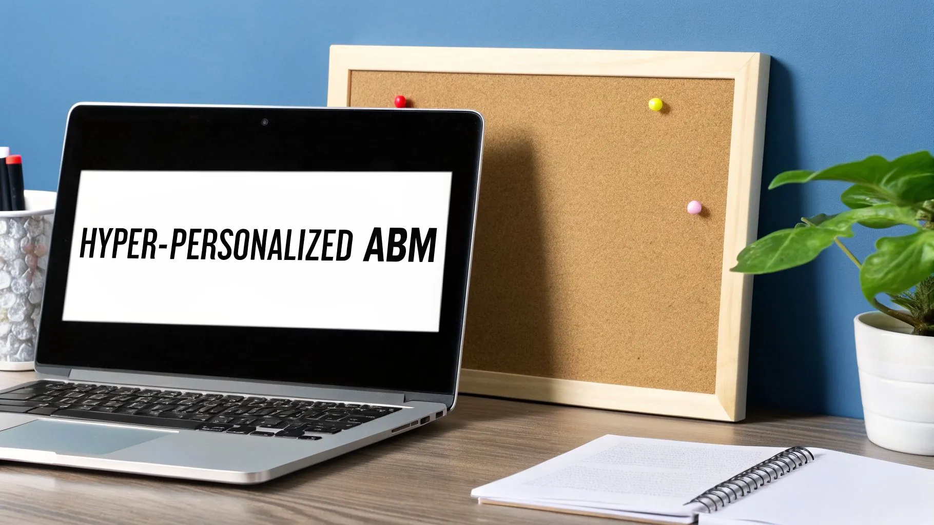 A laptop displaying 'HYPER-PERSONALIZED ABM' sits on a desk with a cork board, plant, and notebook.