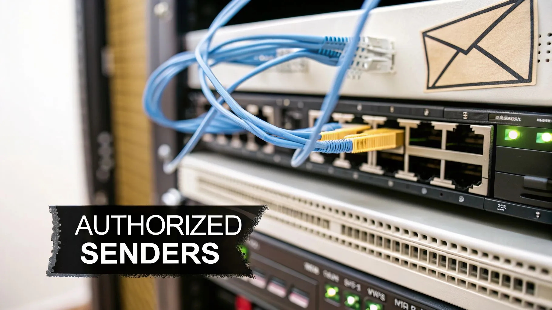 Close-up of server rack with network cables, an envelope icon, and 'AUTHORIZED SENDERS' text, implying email security.
